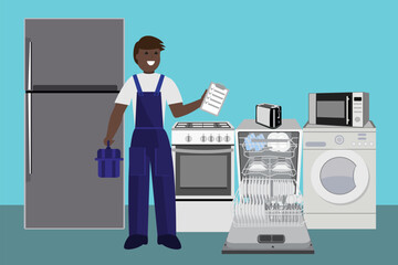Home appliance repair master concept. Repair master holds a list of completed works. Vector flat illustration