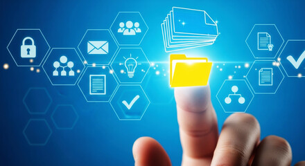 Hand interacting with digital interface of data management icons