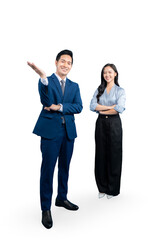 Two business professionals dressed in formal attire. A man is gesturing, and a woman is posing on a PNG background
