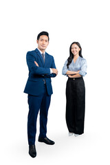 Two business professionals stand confidently in a formal pose, arms crossed, creating a powerful image of partnership and success. They radiate professionalism and readiness for success.