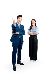 Elegant business couple in a professional setting, with the man pointing his finger upwards. They are standing while on PNG background