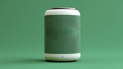 Cylindrical portable speaker with a green mesh grille, off-white top and bottom, and a small indicator light at the base, set against a solid green background