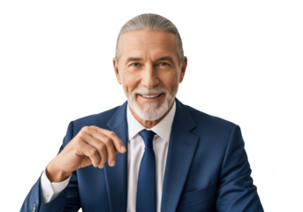 Professional senior businessman smiling portrait, mature executive in suit, leadership and success, isolated on transparent background