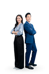 Two smiling colleagues stand back to back in stylish business attire. They have their arms crossed, appearing confident and ready for the day. on PNG background