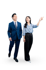 Two business professionals walking side by side, with the woman pointing towards something and the man smiling, on a PNG background
