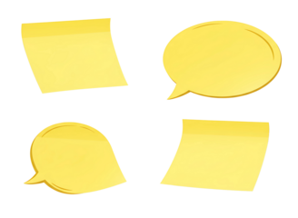 Four yellow sticky notes and speech bubbles isolated on transparent background
