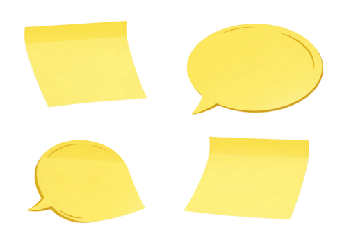 Four yellow sticky notes and speech bubbles isolated on transparent background