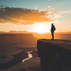 Obraz premium Silhouette of a hiker standing on a cliff at sunset above a winding river in a vast canyon landscape
