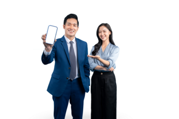 Business couple with a phone and showcasing it with smiling faces on PNG background