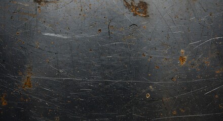 Worn scratched metal surface with rust spots showing signs of age and use