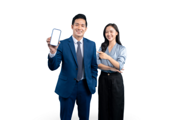 Two smiling professionals, a man in a suit holding a phone and a woman with a pointing finger. They are in a pose and are focused on PNG background