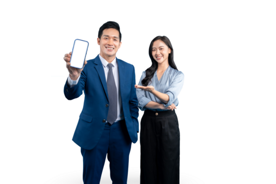Business couple with a phone and showcasing it with smiling faces on PNG background