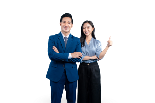 Two business professionals in formal wear standing together and one of them is pointing. Both are smiling on PNG background