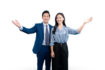 Two professional people stand, with both arms outstretched. They are smiling on PNG background