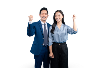 Two professionals celebrating a success with raised fists and smiles on PNG background