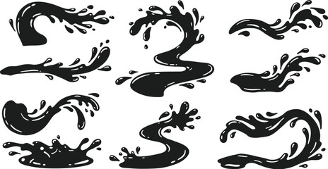 Black Silhouette Water Splashes and Swirls Collection liquid fluid
