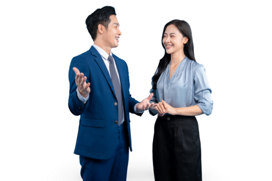 Two professionals engaged in an animated and pleasant discussion, in a professional setting on PNG background