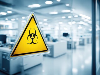 Warning sign indicates biohazard in modern laboratory setting