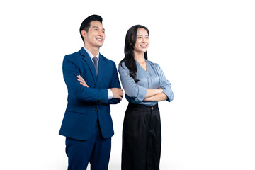 A professional business man and woman with crossed arms looking towards the future on PNG background
