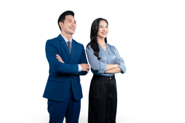 A professional business man and woman with crossed arms looking towards the future on PNG background