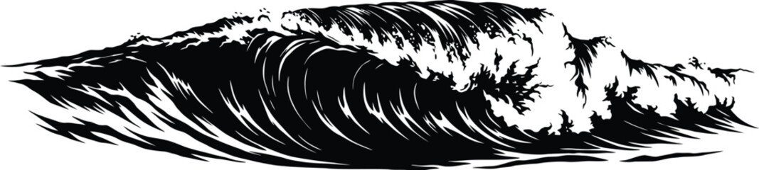 Black silhouette of a breaking ocean wave with white foam water breaking wave