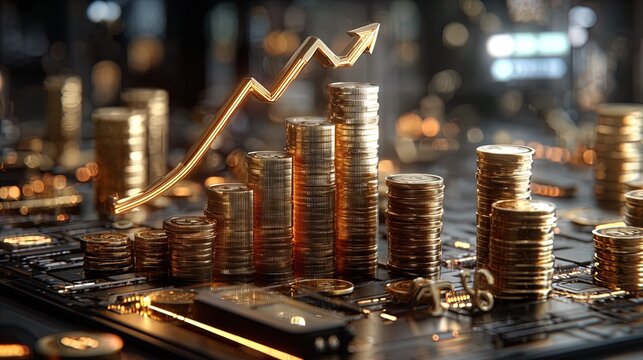 Finance and investment concept, animated style, 3D illustration of growing charts, rising arrow, gold coins, stacks of money, glowing economy symbols