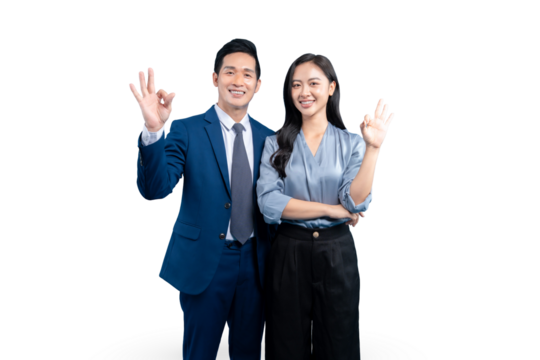 Asian business, a man and woman, are smiling and making an okay hand gesture on PNG background