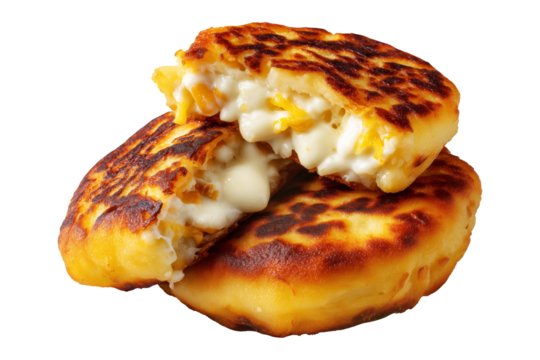 Ecuador Lapingachos fried potato patties stuffed with cheese and sprinkled herbs, isolated on white transparent background