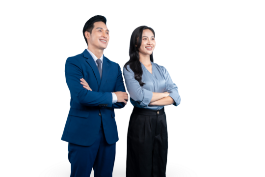 A professional business man and woman with crossed arms looking towards the future on PNG background