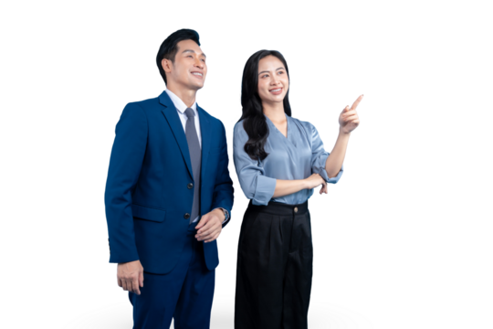 Two Asian business, dressed in business attire, pointing in the same direction and smiling. The man wears a suit. The woman wear blouse and skirt on PNG background