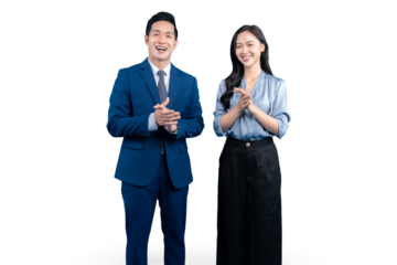 A  Asian professional man and woman are standing and clapping their hands with PNG background