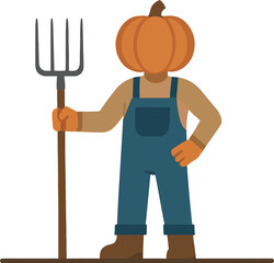 Cartoon Farmer with Pumpkin Head and Pitchfork.