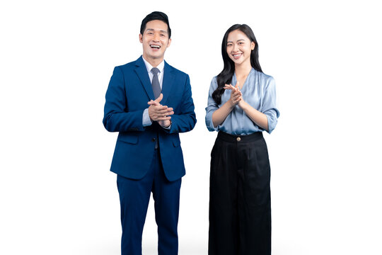 A  Asian professional man and woman are standing and clapping their hands with PNG background