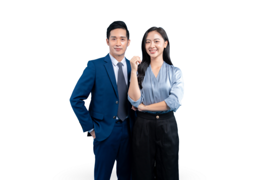 Two  Asian professional individuals posing together, an Asian couple, smartly dressed in business attire on PNG background