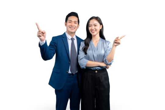  Asian  business couple pointing upwards, on PNG background. - Powered by Adobe