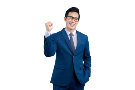  Asian businessman  professional in a blue suit with a determined expression. He is clenching his fist in a symbol of triumph on PNG background