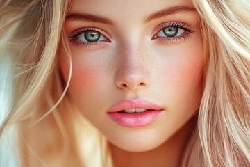 Naklejka premium A young woman with stunning green eyes and flowing blonde hair gazes directly at the camera, showcasing her natural beauty and soft makeup in bright, natural light.