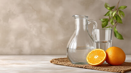 Fresh water carafe and glass with orange on woven mat, creating refreshing and vibrant atmosphere