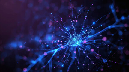 Fototapeta premium Abstract AI Visualization of a Luminous Neuron and Neural Network - A Conceptual Image of Technology, Brain Science, and Data.