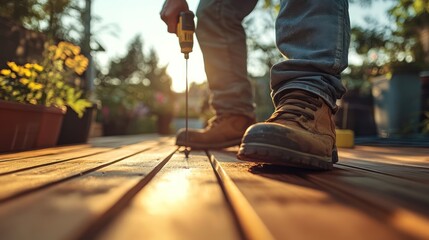Man building backyard deck, sunset, wood, DIY project