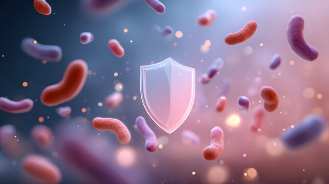 Microbiome immunity concept with shield symbolizing protection against harmful bacteria in colorful background