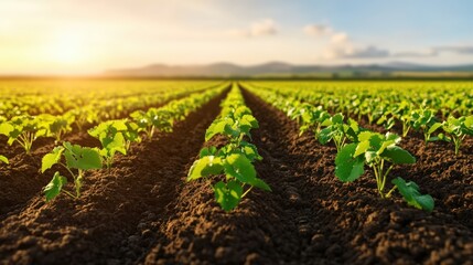 Lush green agricultural crop rows with vibrant healthy plants extending into the horizon beneath a bright sunny sky