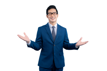  Asian businessman  with open arms in a blue suit. His glasses frame his face, and he wears a tie. He stands against a background