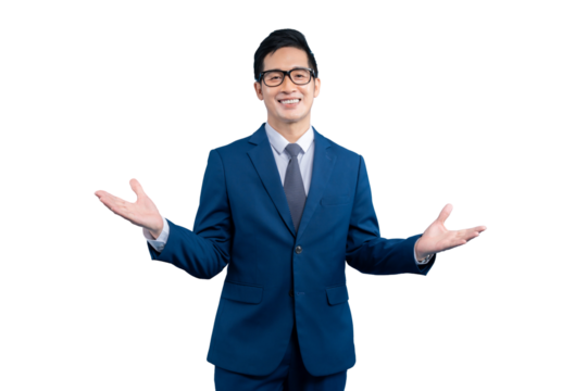 Asian businessman  with open arms in a blue suit. His glasses frame his face, and he wears a tie. He stands against a background