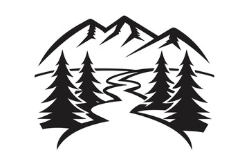 Mountain River Landscape Icon Peaks Evergreen Trees White Background