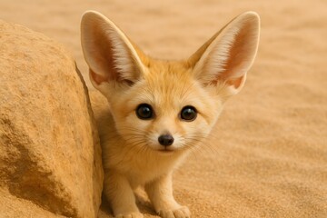 Playful Fennec Fox Peeking Behind Desert Rock with Curious Expression