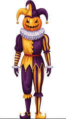 Fototapeta premium Spooky Jackolantern Jester Character with Purple and Gold Costume.