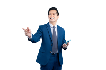Asian businessman in suit pointing his finger to the direction with a mobile phone on PNG background