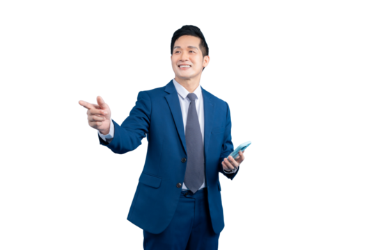  Asian businessman in suit pointing his finger to the direction with a mobile phone on PNG background