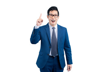  Asian businessman  points upward to an idea, innovative or solution while standing with his formal attire on PNG background